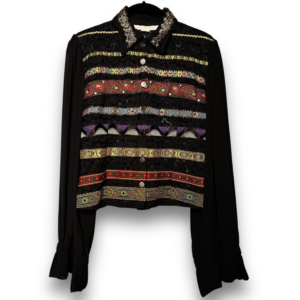 Vintage Y2K Limited Medium Black Lace Crop Button Up Top Colorful Ribbon Trim